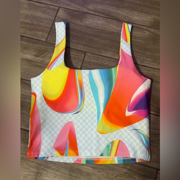 Fabletics Pink and Yellow Graphic Crop Tank Top size medium built in bra - Picture 2 of 3